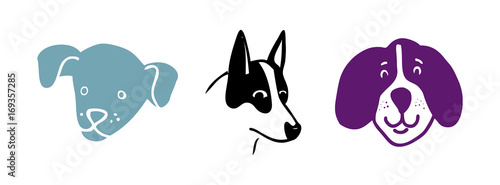 set of vector dogs in cute fun cartoon style, hand drawn doggy or puppy sketches of head or face isolated on white background, smiling dog, dog with pointed ears, cute little dog