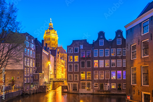 Amsterdam city at night in Netherlands