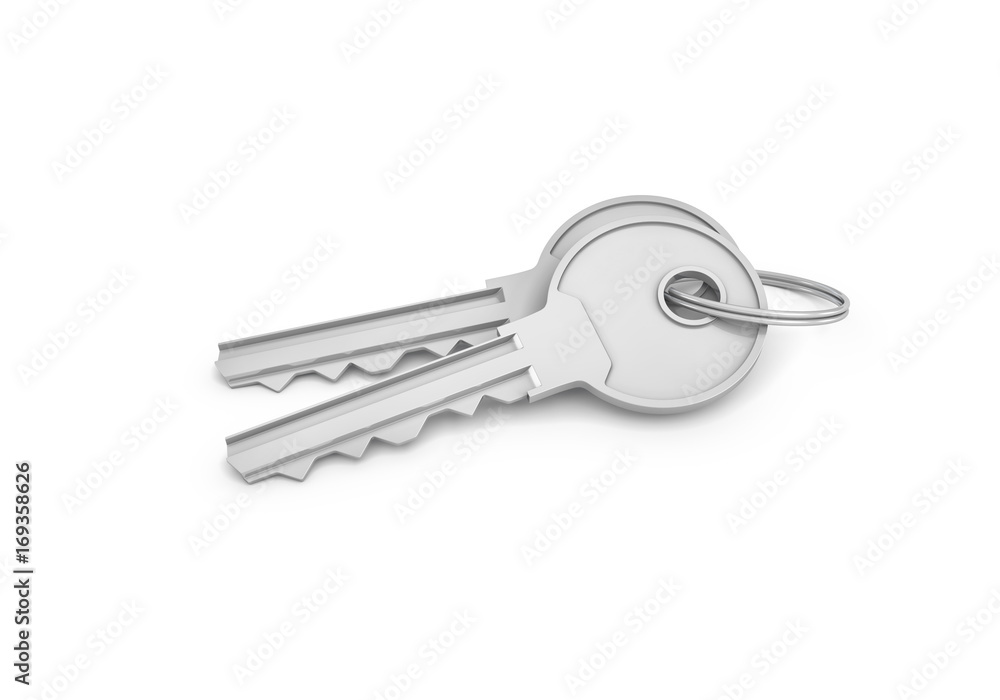 3d rendering of two isolated silver keys on a key ring 3d rendering of two isolated silver keys on a key ring