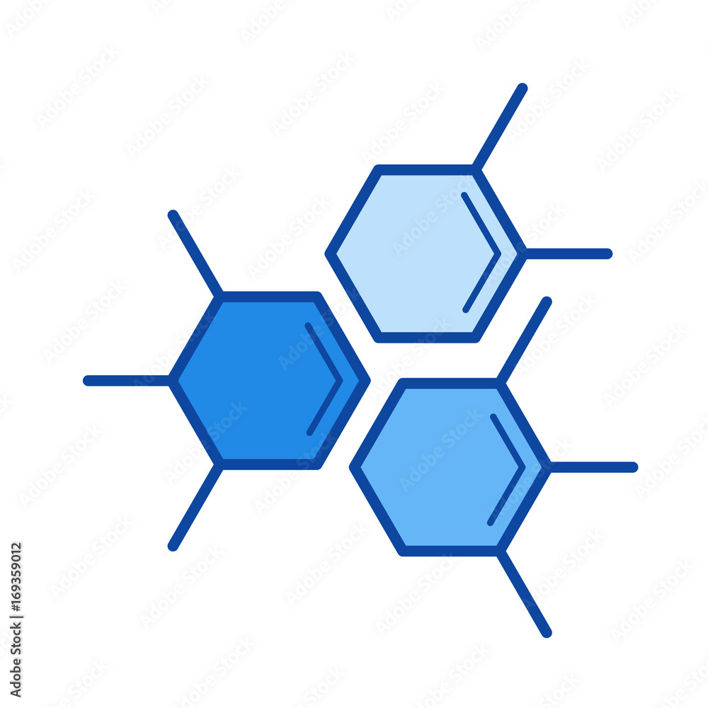 Molecular structure vector line icon isolated on white background. Molecular structure line icon for infographic, website or app. Blue icon designed on a grid system.