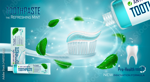 Toothpaste ads, refreshing mint. Toothpaste on toothbrush, splashing aqua, water drops, mint leaves. Drawn elements, 3d vector illustration, cosmetics product, blure, bokeh background,sparkling effect