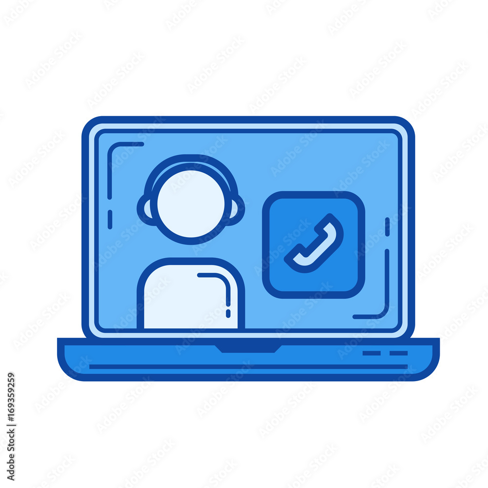 Video call vector line icon isolated on white background. Video call line icon for infographic, website or app. Blue icon designed on a grid system. Video call vector line icon isolated on white background. Video call line icon for infographic, website or app. Blue icon designed on a grid system.