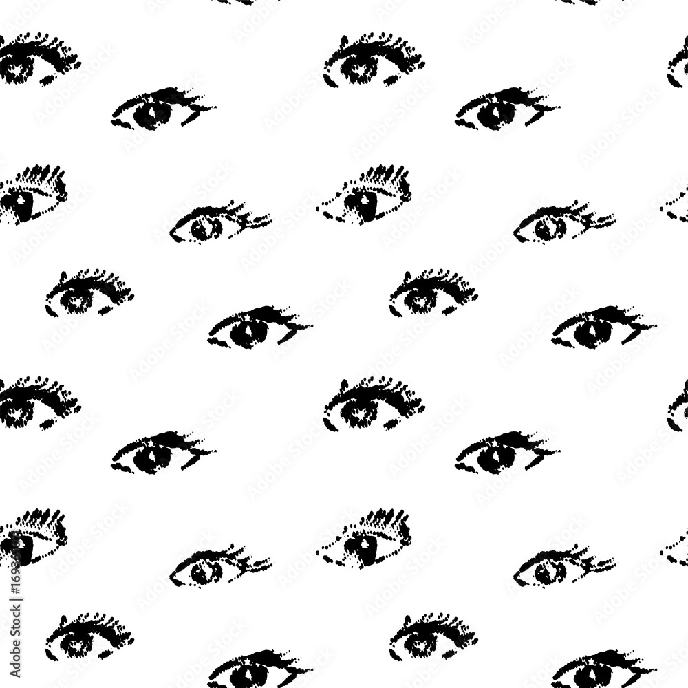 Seamless pattern with black eyes on white background in grunge style, real halftone print