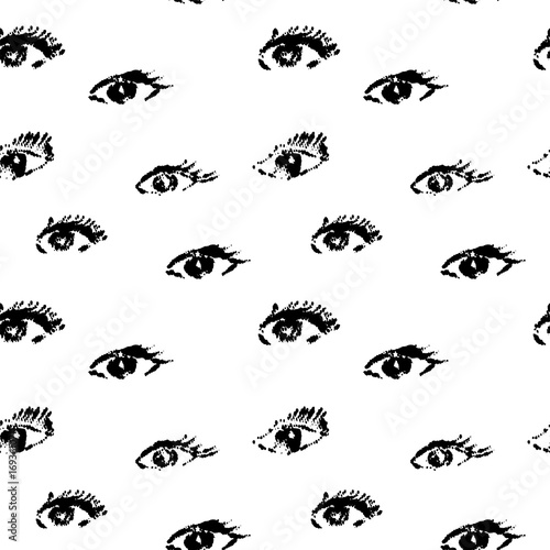 Seamless pattern with black eyes on white background in grunge style, real halftone print