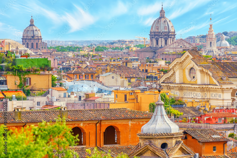 View of the city of Rome from above, from the hill of Terrazza del Pincio. Italy.