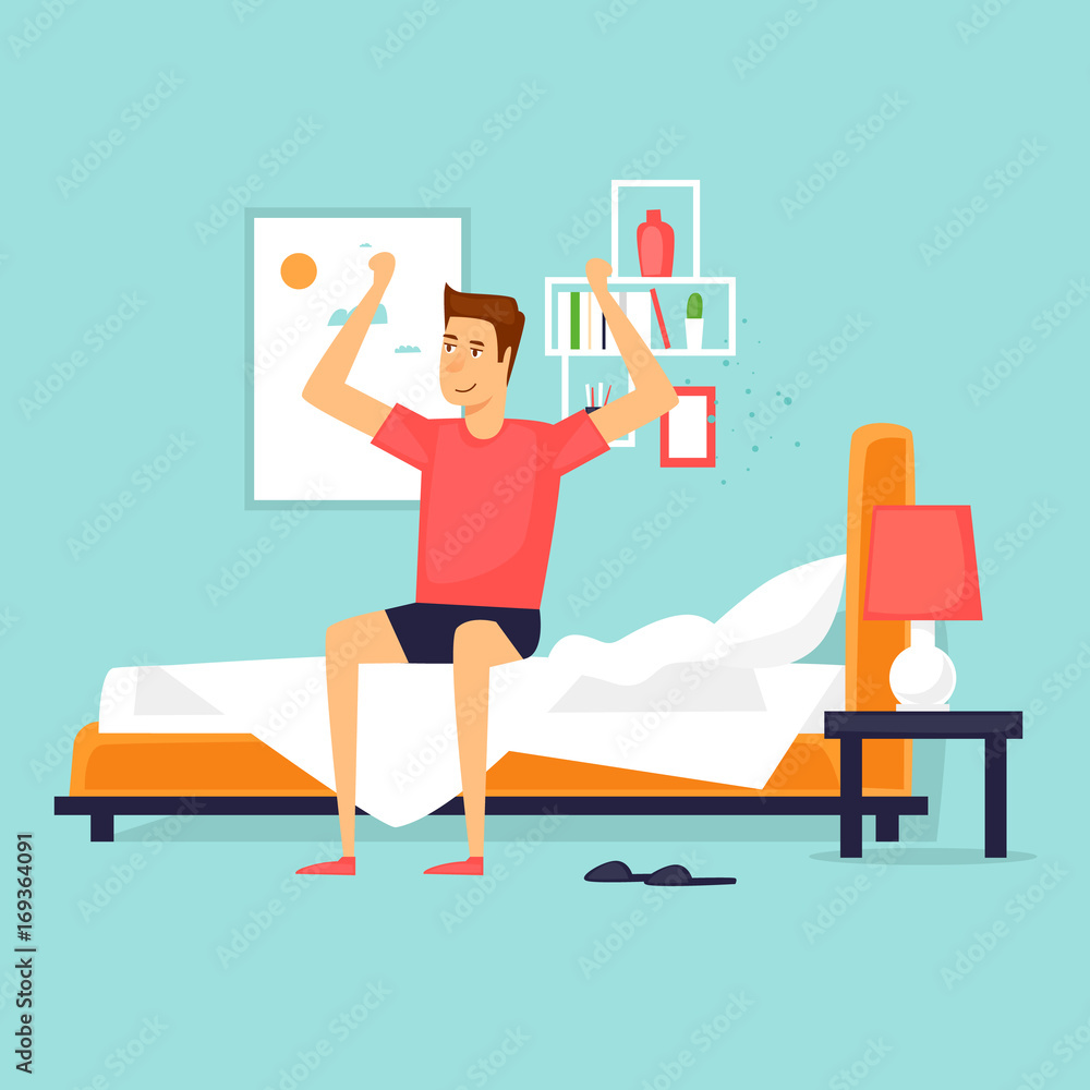 Man waking up in the morning stretching sitting on his bed after getting  up. Flat design vector illustration. Stock Vector | Adobe Stock