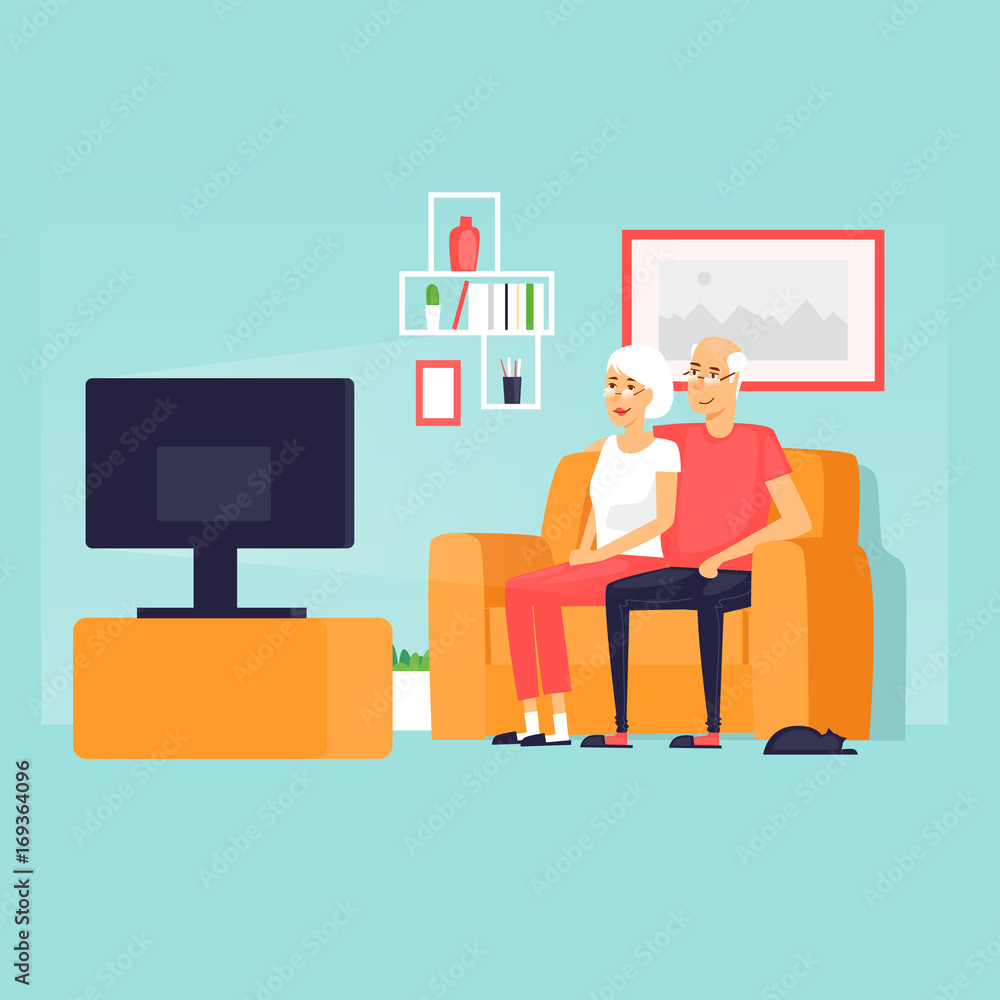 Pensioners are sitting on the couch watching TV. Flat design vector illustration.
