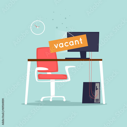 Vacant workplace. Office desk with computer, chair. Interior. Flat design vector illustration.