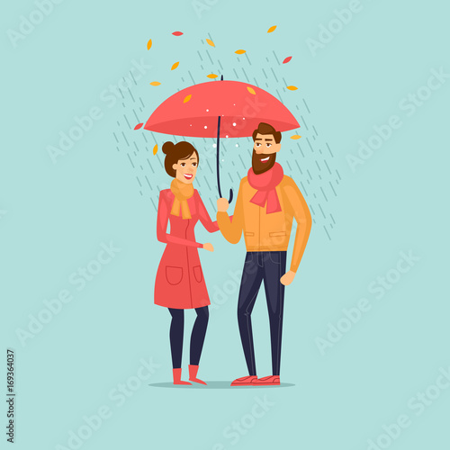 Autumn couple with an umbrella in the rain. Flat design vector illustration.