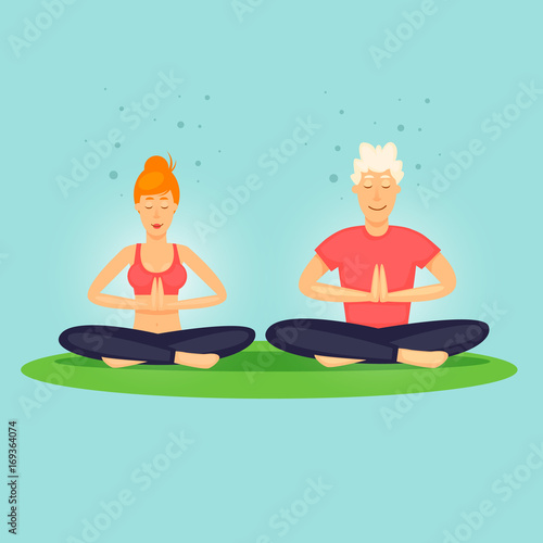 Guy and the girl are relaxing. Yoga, sports. Flat design vector illustration.