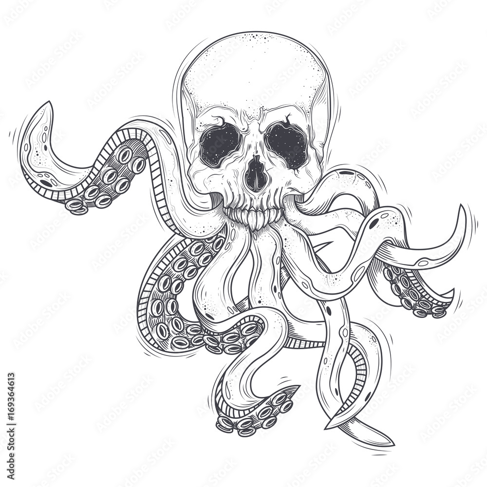 Naklejka Vector illustration of a human skull with tentacles, death of a diver, a sketch of a tattoo, an engraving, a print, a design element