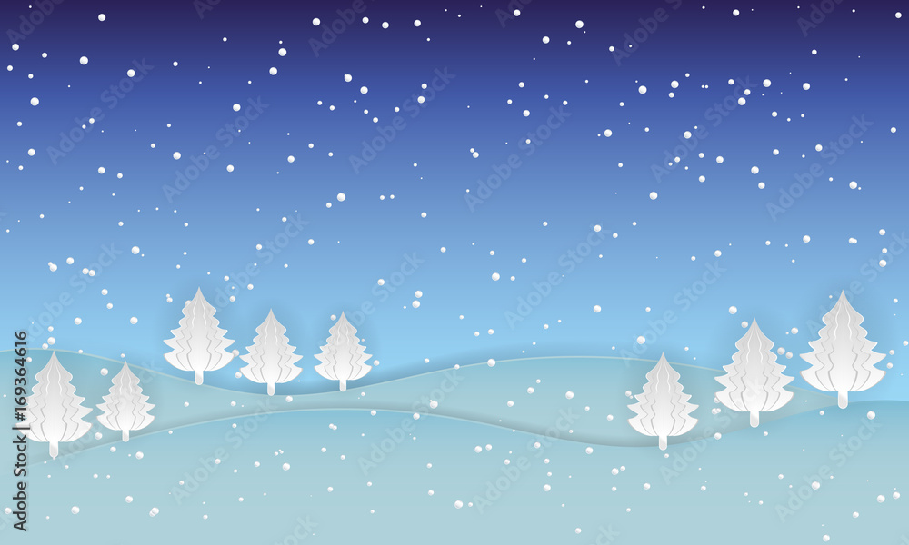 Night sky with snow christmas  landscape nature background, paper art style illustration