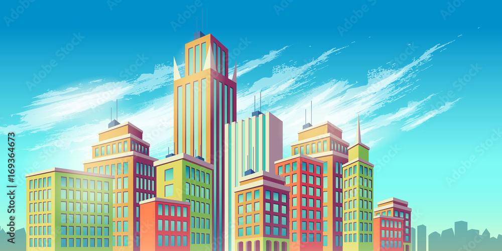 Plakat Ilustracja kreskówka wektor, baner, tło miejskie z nowoczesne duże budynki miasta, wieżowce, centra biznesowe. Krajobraz miasta.