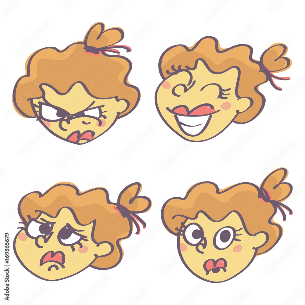 Cute vector cartoon set with four girl faces expressing different feelings, isolated on white background. Cute vector cartoon set with four girl faces expressing different feelings, isolated on white background.