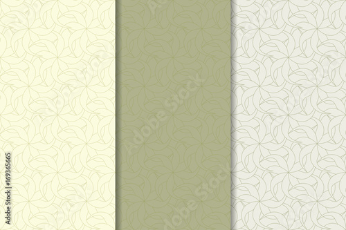 Set of floral colored seamless patterns. Olive green backgrounds