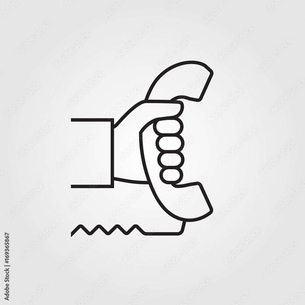 Handset in hand line silhouette. Holding telephone icon. Old classic phone pictogram. Vector illustration flat minimal design. Isolated on yellow background. Handset in hand line silhouette. Holding telephone icon. Old classic phone pictogram. Vector illustration flat minimal design. Isolated on yellow background.