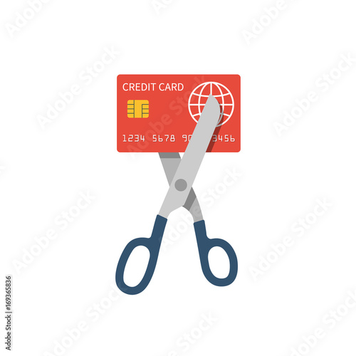 Cutting credit card. Debit card account closing. Scissors cutting bank card. Reduce cost. Vector illustration flat design. Isolated on white background.