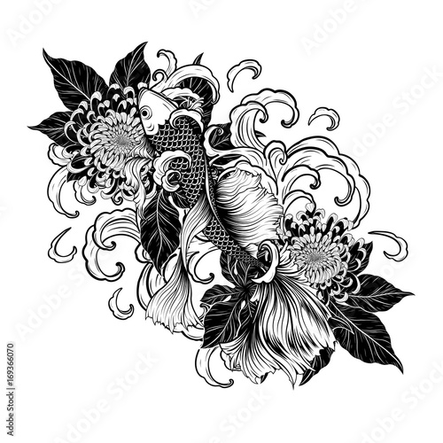 Koi fish and chrysanthemum tattoo by hand drawing.Tattoo art highly detailed in line art style.