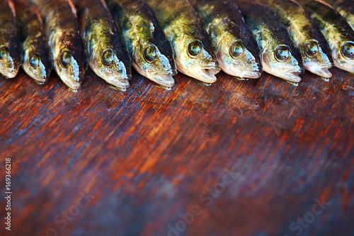 Fresh fish on wooden background. Rod fishing. Perch
