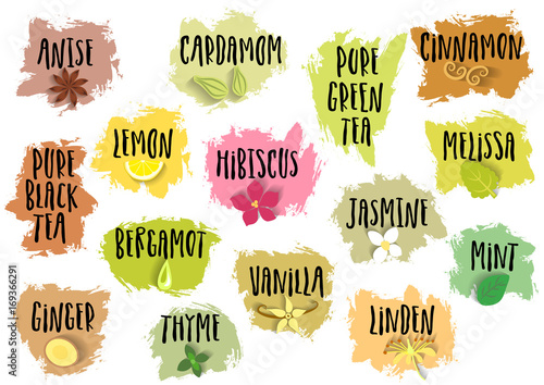 Vector set of trendy emblems for tea packing. Various natural additives for drinks with handwritten black annotation on blots.