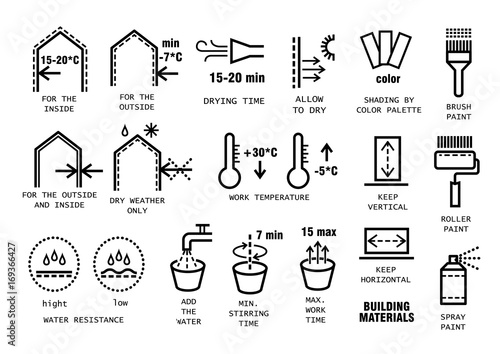 Vector set of thin line icons for packing finishing materials in construction. Instruction for storage, rules of use.
