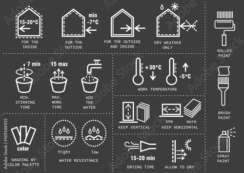 Vector set of icons for packing finishing materials in construction. Instruction for storage, rules of use. Thin line white icons on black background.