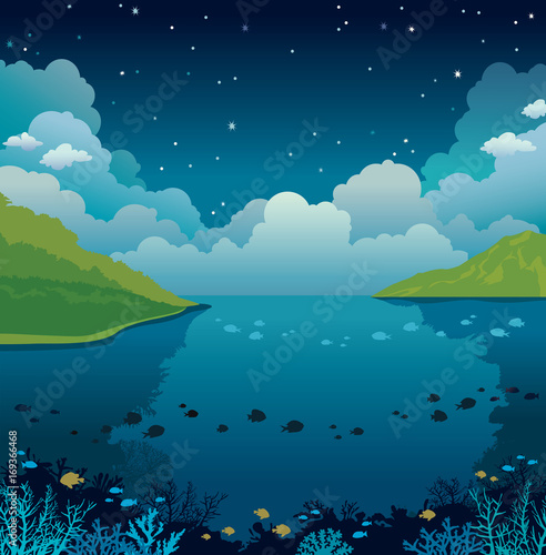 Night sky, underwater sea, islands and coral reef.