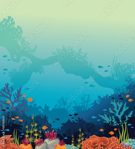 Underwater sea - coral reef, arch, fishes.