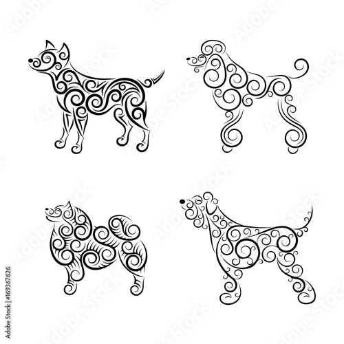 Set of 4 openwork dog silhouettes made of separate lines, spirals and swirls. Symbol of the year 2018. Black and white, easy to recolor. Vector illustration.
