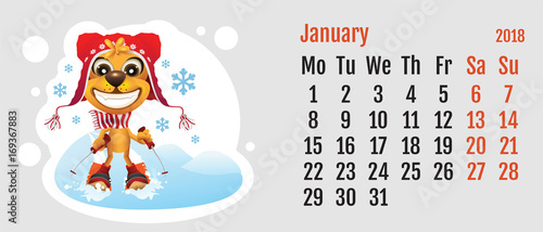 2018 year of yellow dog on Chinese calendar. Fun dog skier. Calendar grid month January
