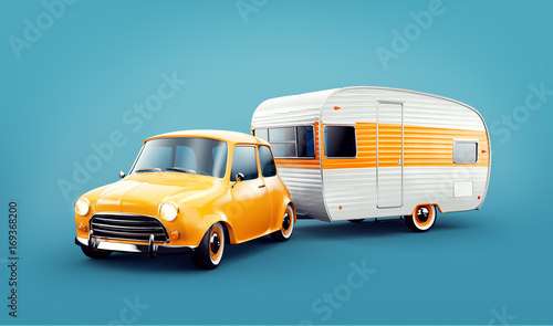 Retro car with white trailer. Unusual 3d illustration of a classic caravan. Camping and traveling concept
