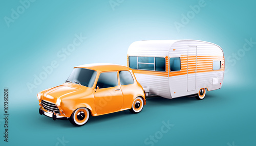 Retro car with white trailer. Unusual 3d illustration of a classic caravan. C...