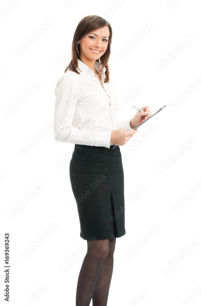 Businesswoman with clipboard writing, isolated Businesswoman with clipboard writing, isolated