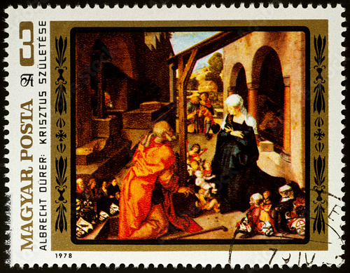 Painting Nativity by Albrecht Durer on postage stamp