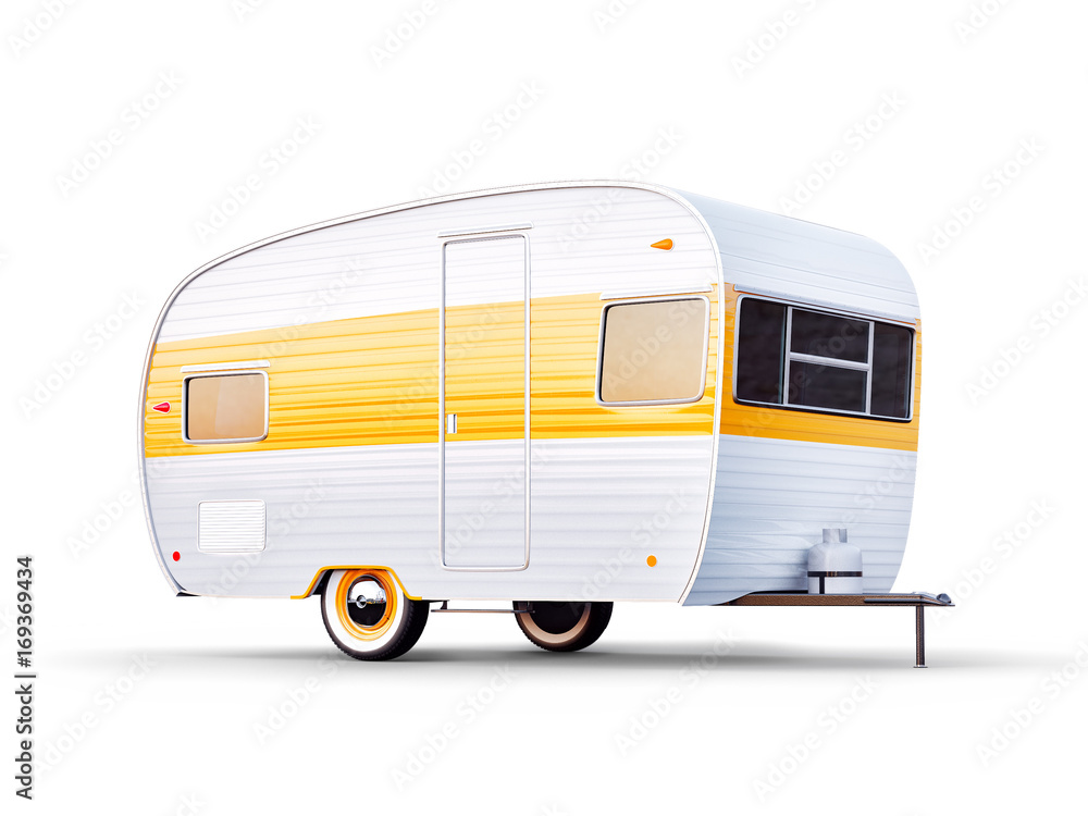 Retro trailer isolaten on white. Unusual 3d illustration of a classic caravan. Camping and traveling concept - obrazy, fototapety, plakaty 