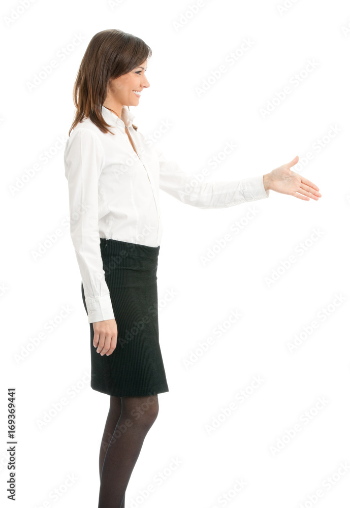Businesswoman giving hand for handshake, on white Businesswoman giving hand for handshake, on white