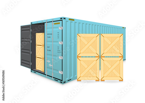 Vector of cargo container or shipping container and wood crate for logistics and transportation work isolated on white background.