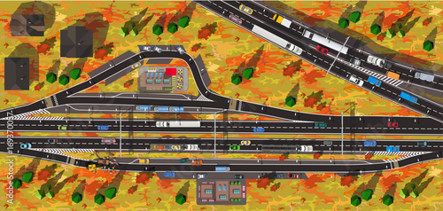 Top view highway with camping and fast food cafe in the autumn with red trees