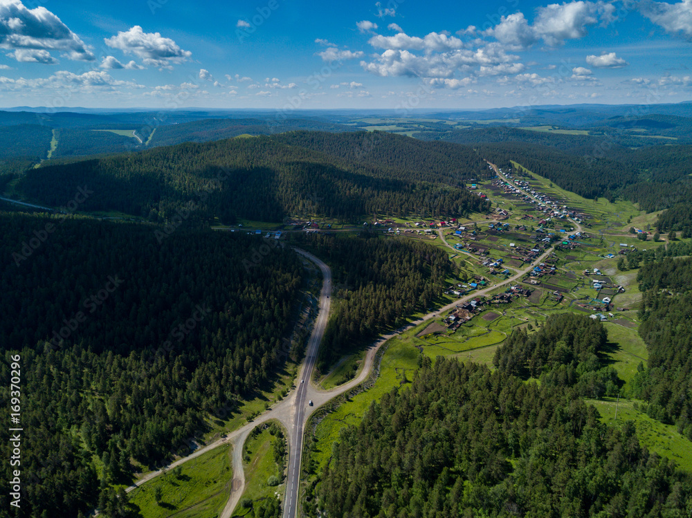 Naklejka premium Aerial view of the Russian countryside in rainy weather