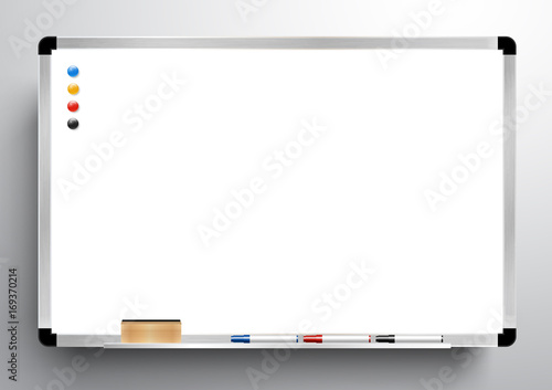 whiteboard background frame with eraser whiteboard, color marker and magnetic, vector illustration photo