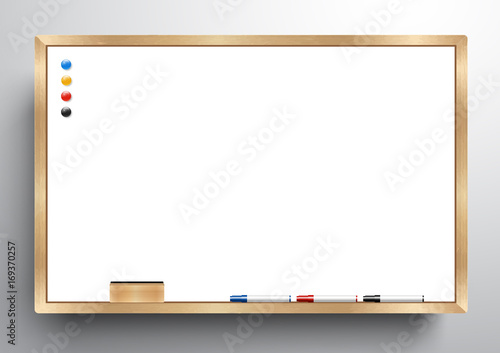 whiteboard wooden frame with eraser whiteboard, color marker and magnetic, vector illustration