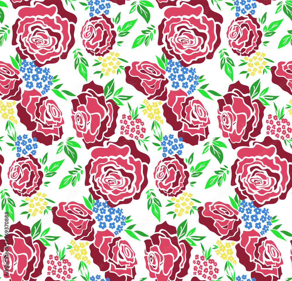 Floral seamless background pattern with roses, spring - summer season. Vector illustration for textile, wrapping paper, wallpaper, сurtains. Floral seamless background pattern with roses, spring - summer season. Vector illustration for textile, wrapping paper, wallpaper, сurtains.