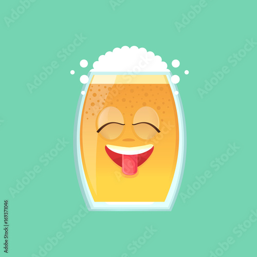 Character glass with beer, foam and bubbles. Emotional icon. Very happy, shows the tongue, eyes closed with pleasure. To the day of the Oktoberfest. Sticker for messengers and other communications.