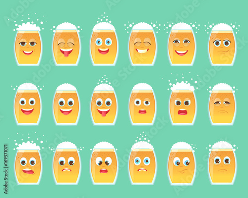 Big set of emotional icons of glasses with beer, bubbles and foam. Stickers for messengers and other communications. To the day of the Oktoberfest.