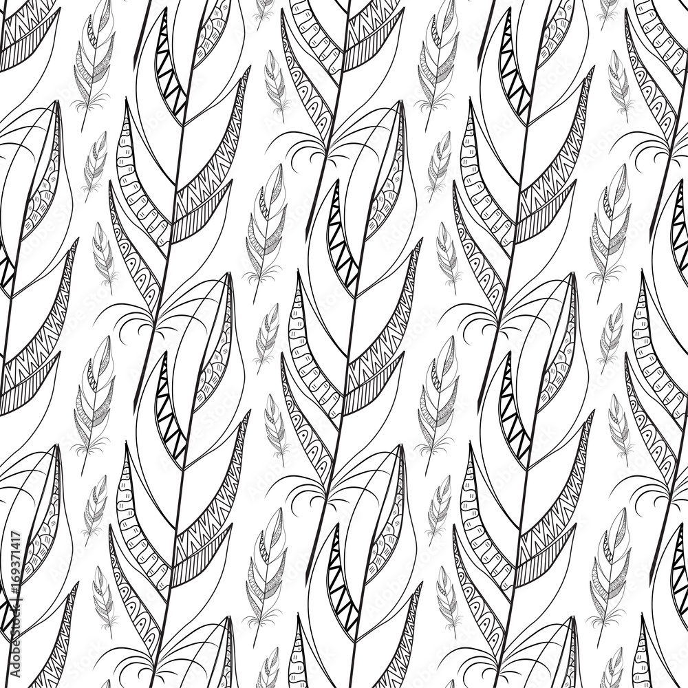 Fototapeta premium Large outline black feathers pattern