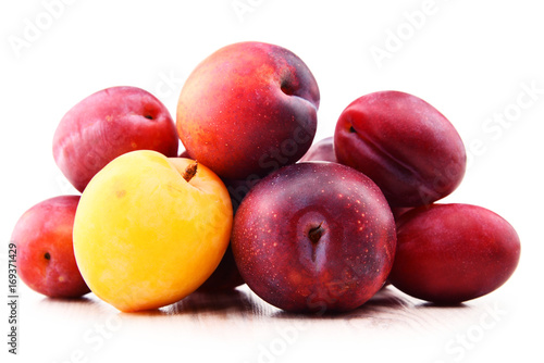 Composition with plums isolated on white background