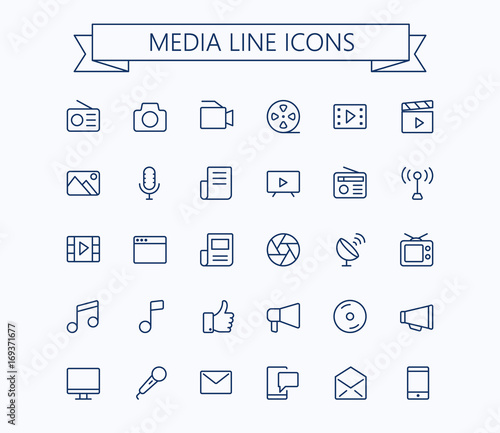Multimedia vector icons set. Thin line outline 24x24 Grid. Pixel Perfect.Editable stroke.