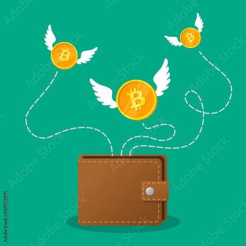 Brown wallet with bitcoin cash. Concept for business, print, web sites, magazines, online shop, finance, banks. Coins bitcoin with wings flying over purse. Lost money concept. Vector illustration
