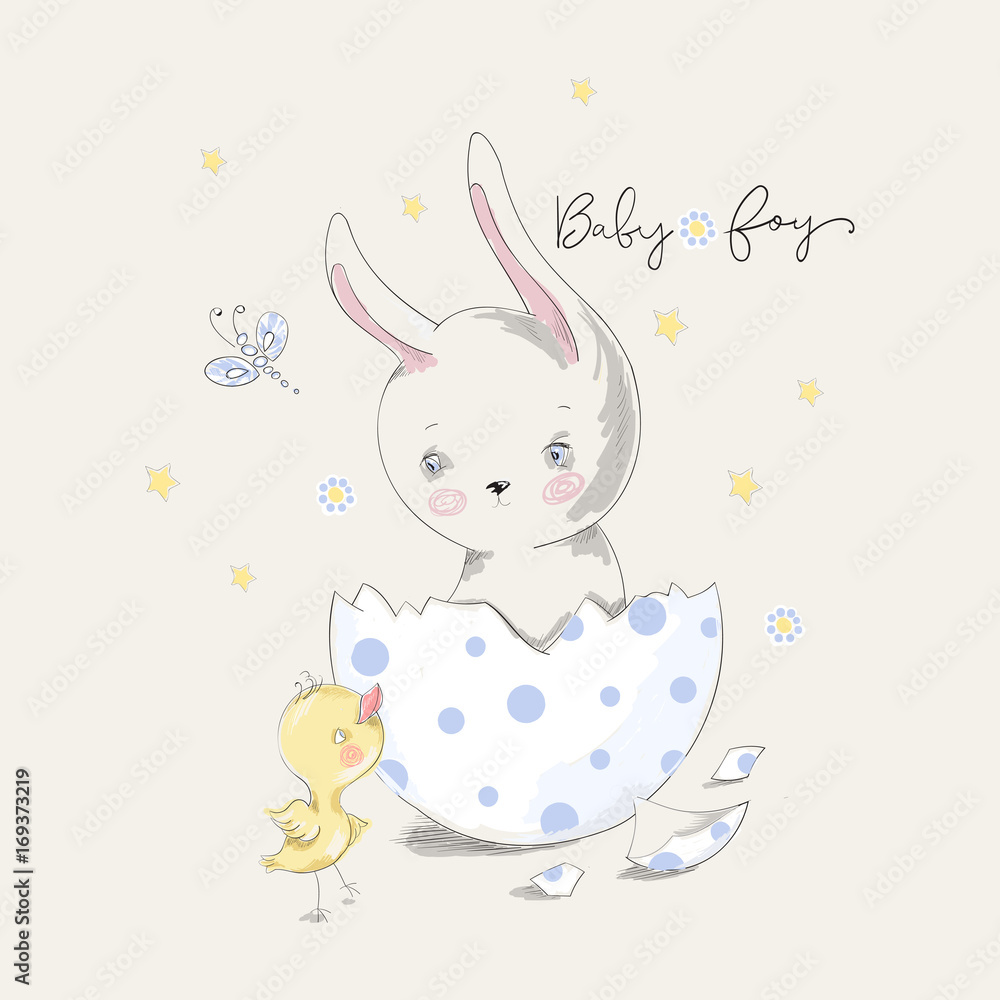 Cute bunny and chick with baby boy slogan. Vector baby illustration with pets for fashion apparels, t shirt, greeting card and printed tee design.