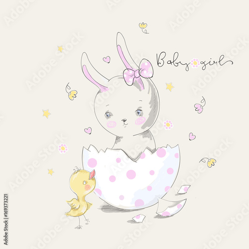 Cute bunny and chick with baby girl slogan. Vector baby illustration with pets for fashion apparels, t shirt, greeting card and printed tee design.